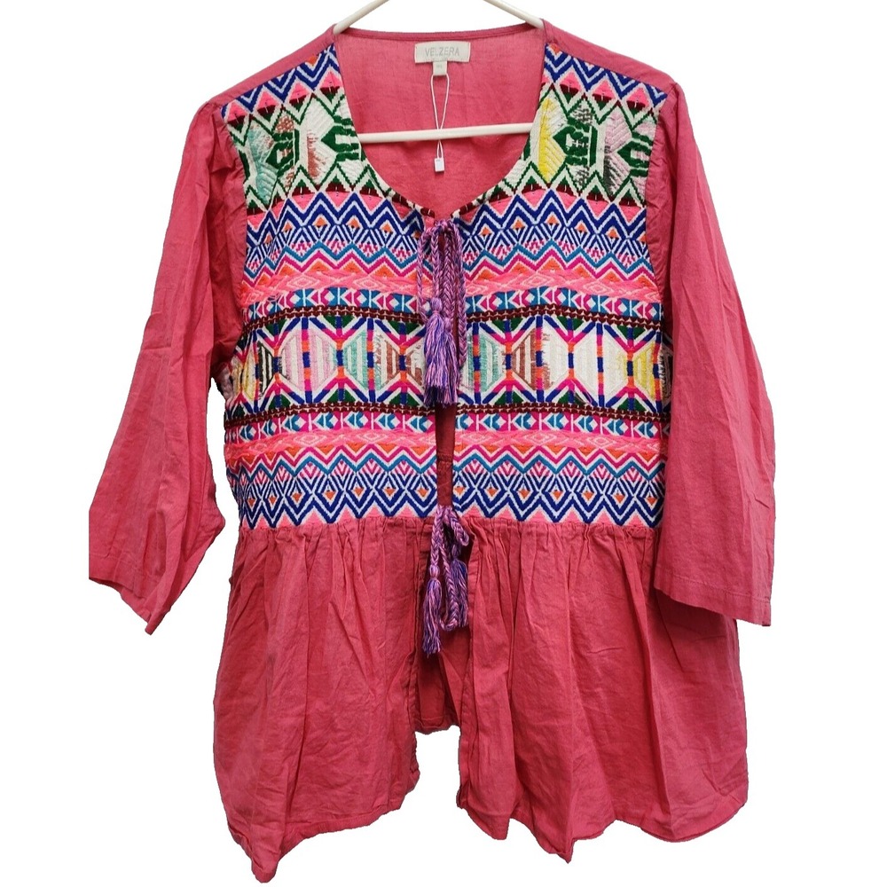 Velzera BOHO Top Womens Size 1X Pink Embroidered Tassel Tie 3/4‎ Sleeve Festival